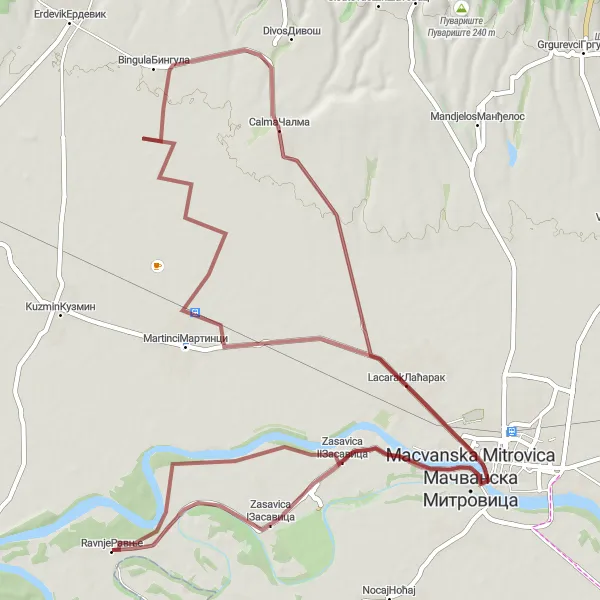 Map miniature of "Gravel adventure through picturesque villages" cycling inspiration in Autonomous Province of Vojvodina, Serbia. Generated by Tarmacs.app cycling route planner