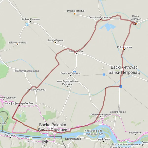 Map miniature of "Ravno Selo Gravel Adventure" cycling inspiration in Autonomous Province of Vojvodina, Serbia. Generated by Tarmacs.app cycling route planner