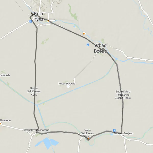 Map miniature of "Ravno Selo - Savino Selo - Kula - Vrbas - Backo Dobro Polje - Ravno Selo" cycling inspiration in Autonomous Province of Vojvodina, Serbia. Generated by Tarmacs.app cycling route planner