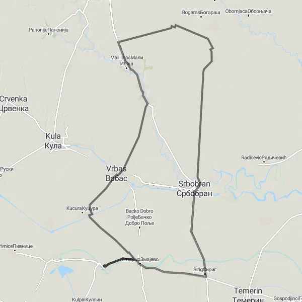 Map miniature of "Ravno Selo - Vrbas - Feketic - Srbobran - Sirig - Zmajevo - Ravno Selo" cycling inspiration in Autonomous Province of Vojvodina, Serbia. Generated by Tarmacs.app cycling route planner