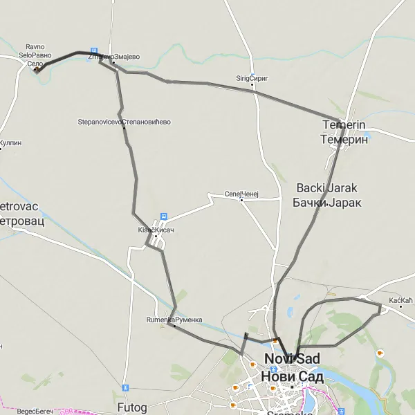 Map miniature of "Ravno Selo - Zmajevo - Temerin - Rumenka - Stepanovicevo - Ravno Selo" cycling inspiration in Autonomous Province of Vojvodina, Serbia. Generated by Tarmacs.app cycling route planner