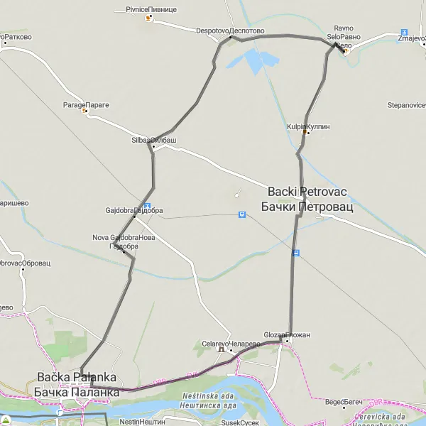Map miniature of "Road Cycling through Bačka Palanka" cycling inspiration in Autonomous Province of Vojvodina, Serbia. Generated by Tarmacs.app cycling route planner