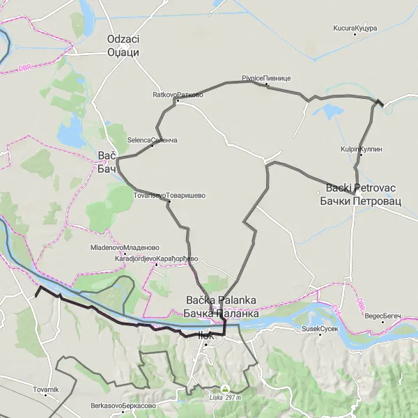 Map miniature of "Ravno Selo - Kulpin - Bačka Palanka - Lovka - Opatovac - Selenca - Despotovo - Ravno Selo" cycling inspiration in Autonomous Province of Vojvodina, Serbia. Generated by Tarmacs.app cycling route planner