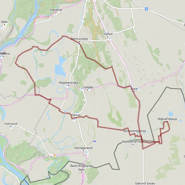 Map miniature of "Bácsszentgyörgy Loop" cycling inspiration in Autonomous Province of Vojvodina, Serbia. Generated by Tarmacs.app cycling route planner