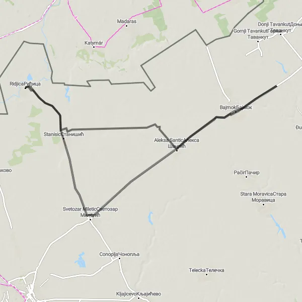 Map miniature of "The Bajmok Loop" cycling inspiration in Autonomous Province of Vojvodina, Serbia. Generated by Tarmacs.app cycling route planner