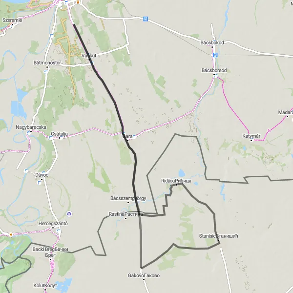 Map miniature of "Vaskút Loop" cycling inspiration in Autonomous Province of Vojvodina, Serbia. Generated by Tarmacs.app cycling route planner