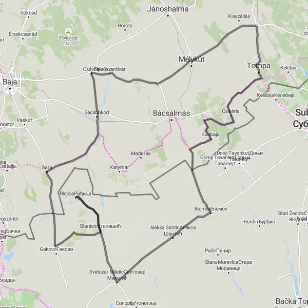 Map miniature of "The Kunbaja Challenge" cycling inspiration in Autonomous Province of Vojvodina, Serbia. Generated by Tarmacs.app cycling route planner