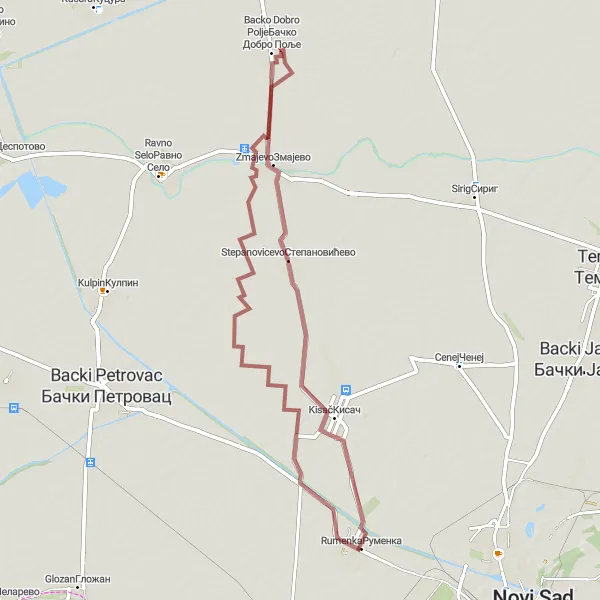Map miniature of "Kisac Adventure" cycling inspiration in Autonomous Province of Vojvodina, Serbia. Generated by Tarmacs.app cycling route planner