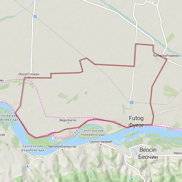 Map miniature of "The Rural Gravel Ride" cycling inspiration in Autonomous Province of Vojvodina, Serbia. Generated by Tarmacs.app cycling route planner