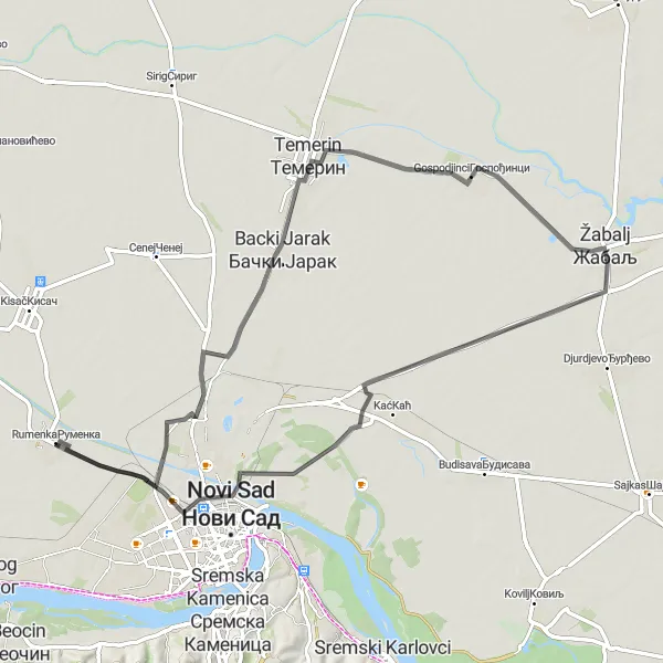 Map miniature of "Serbian Road Escape" cycling inspiration in Autonomous Province of Vojvodina, Serbia. Generated by Tarmacs.app cycling route planner