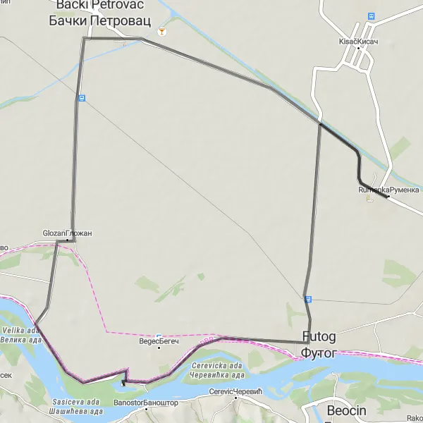 Map miniature of "Futog and Glozan Discovery" cycling inspiration in Autonomous Province of Vojvodina, Serbia. Generated by Tarmacs.app cycling route planner