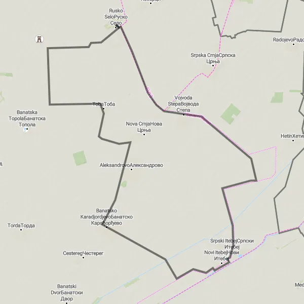 Map miniature of "Scenic Road Cycling Route from Rusko Selo to Toba" cycling inspiration in Autonomous Province of Vojvodina, Serbia. Generated by Tarmacs.app cycling route planner