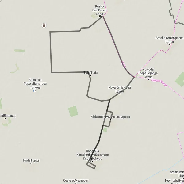 Map miniature of "Road Cycling Adventure from Rusko Selo to Toba" cycling inspiration in Autonomous Province of Vojvodina, Serbia. Generated by Tarmacs.app cycling route planner