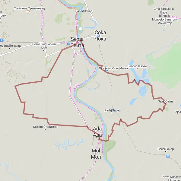 Map miniature of "The Gravel Escape" cycling inspiration in Autonomous Province of Vojvodina, Serbia. Generated by Tarmacs.app cycling route planner