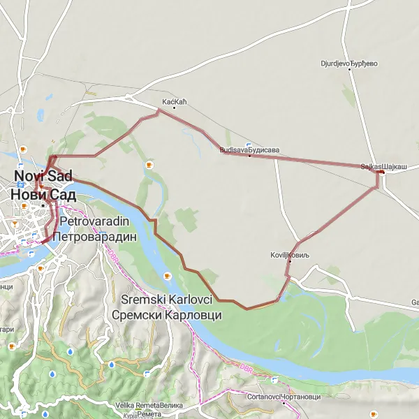 Map miniature of "Šajkaš - Kać - Novi Sad - Subic - Kovilj Round Trip" cycling inspiration in Autonomous Province of Vojvodina, Serbia. Generated by Tarmacs.app cycling route planner