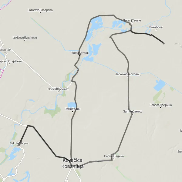 Map miniature of "Banat Tour" cycling inspiration in Autonomous Province of Vojvodina, Serbia. Generated by Tarmacs.app cycling route planner