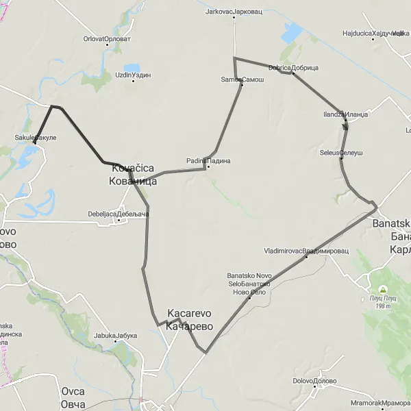 Map miniature of "Sakule Loop with Cultural Riches" cycling inspiration in Autonomous Province of Vojvodina, Serbia. Generated by Tarmacs.app cycling route planner
