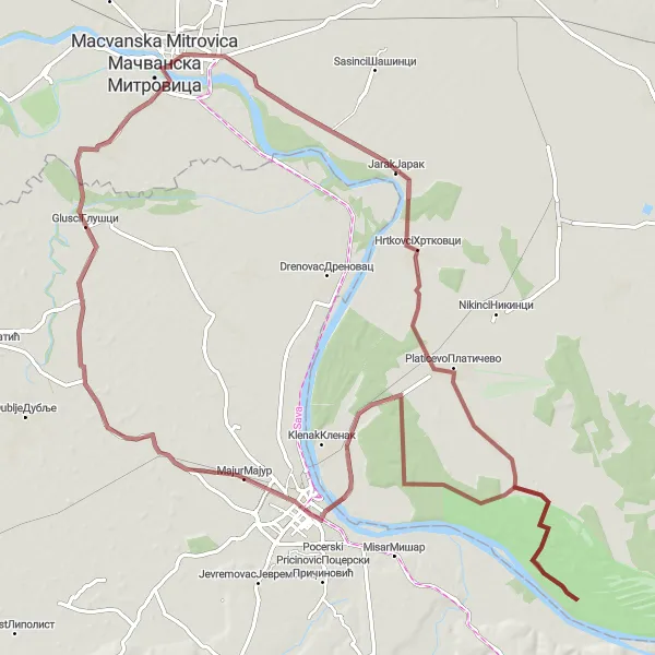 Map miniature of "The Šabac Loop" cycling inspiration in Autonomous Province of Vojvodina, Serbia. Generated by Tarmacs.app cycling route planner