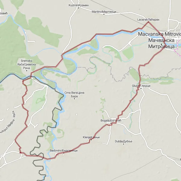 Map miniature of "The Bosut Circuit" cycling inspiration in Autonomous Province of Vojvodina, Serbia. Generated by Tarmacs.app cycling route planner