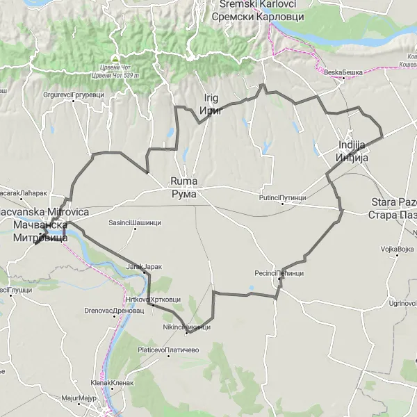 Map miniature of "Sremska Kamenica Loop" cycling inspiration in Autonomous Province of Vojvodina, Serbia. Generated by Tarmacs.app cycling route planner