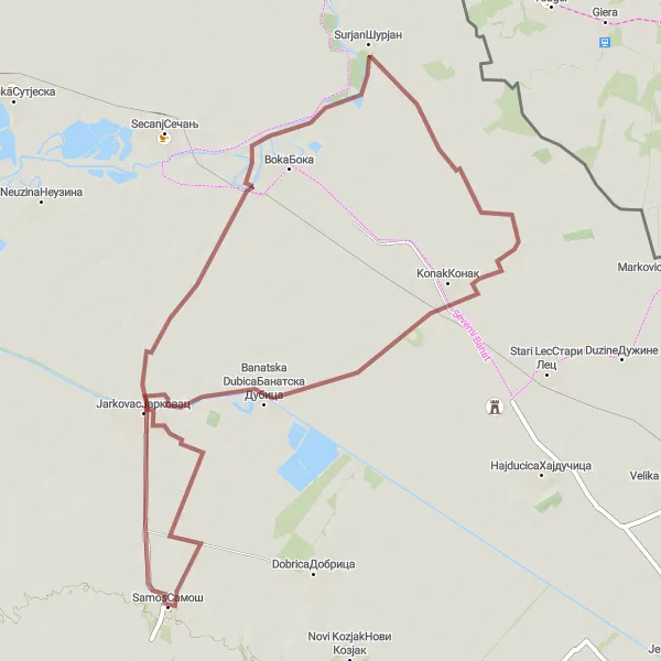 Map miniature of "Gravel Loop from Samoš to Banatska Dubica" cycling inspiration in Autonomous Province of Vojvodina, Serbia. Generated by Tarmacs.app cycling route planner