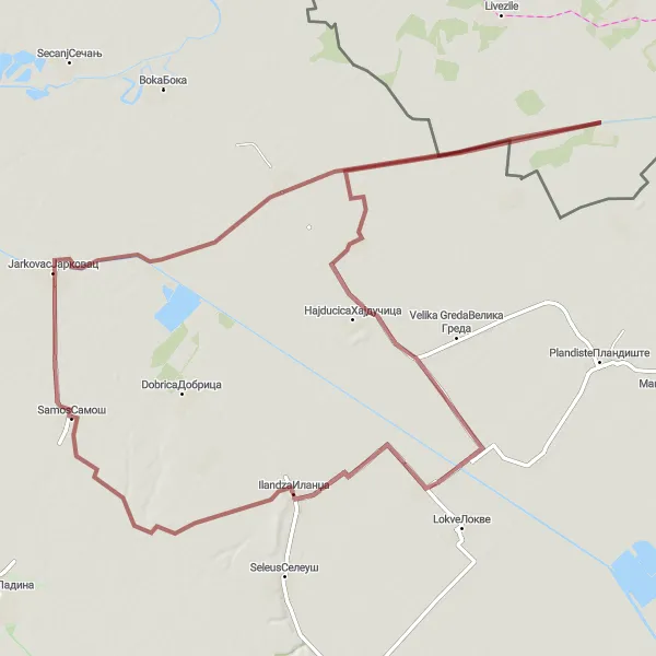 Map miniature of "Explore the Gravel Paths from Samoš to Ilandza" cycling inspiration in Autonomous Province of Vojvodina, Serbia. Generated by Tarmacs.app cycling route planner