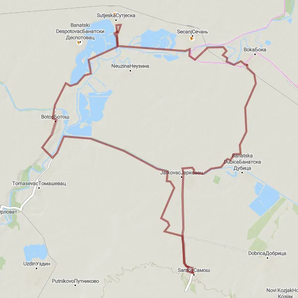 Map miniature of "Exploring Samoš and Beyond on Gravel Paths" cycling inspiration in Autonomous Province of Vojvodina, Serbia. Generated by Tarmacs.app cycling route planner