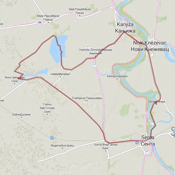 Map miniature of "Gravel Adventure: Vojvoda Zimonjic to Novi Knezevac" cycling inspiration in Autonomous Province of Vojvodina, Serbia. Generated by Tarmacs.app cycling route planner