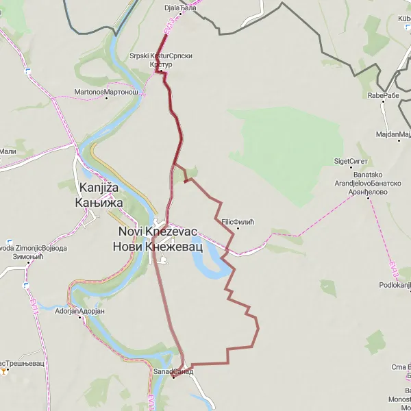 Map miniature of "Srpski Krstur Loop" cycling inspiration in Autonomous Province of Vojvodina, Serbia. Generated by Tarmacs.app cycling route planner