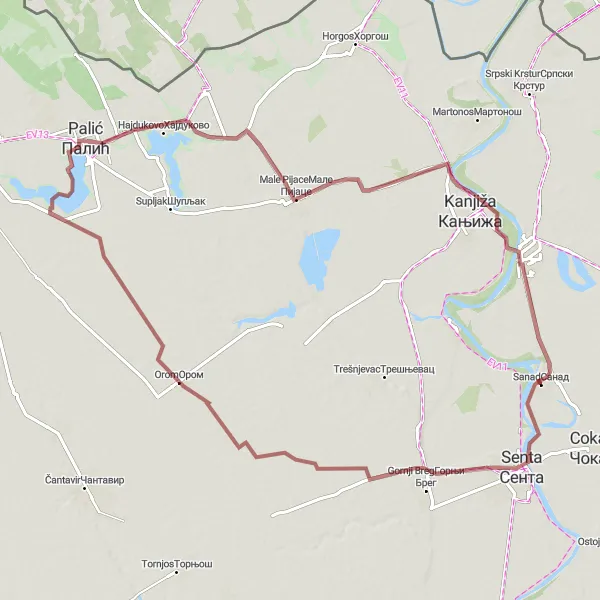 Map miniature of "The Senta Gravel Exploration" cycling inspiration in Autonomous Province of Vojvodina, Serbia. Generated by Tarmacs.app cycling route planner