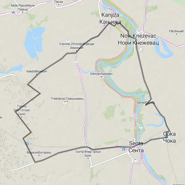 Map miniature of "The Kanjiža Escapade" cycling inspiration in Autonomous Province of Vojvodina, Serbia. Generated by Tarmacs.app cycling route planner