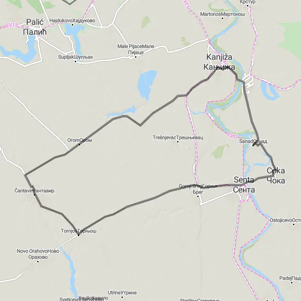 Map miniature of "Senta to Sanad Loop" cycling inspiration in Autonomous Province of Vojvodina, Serbia. Generated by Tarmacs.app cycling route planner