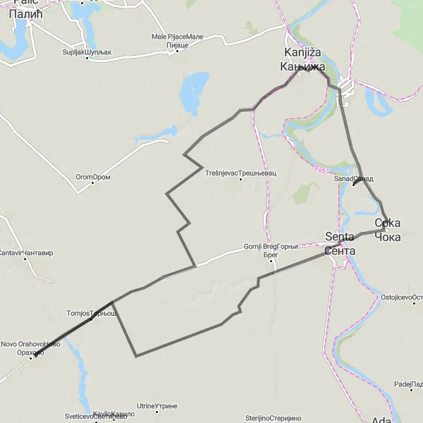 Map miniature of "The Kevi Scenic Ride" cycling inspiration in Autonomous Province of Vojvodina, Serbia. Generated by Tarmacs.app cycling route planner