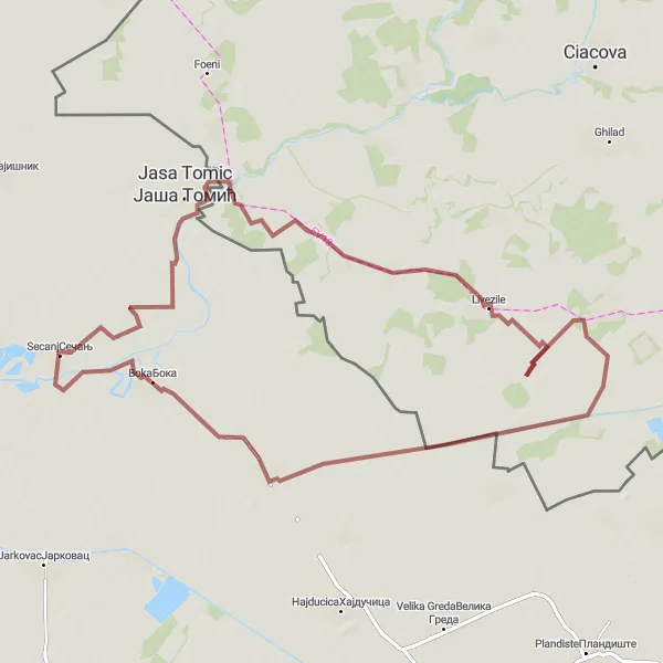 Map miniature of "Gravel Cycling Route: Sečanj-Markovicevo-Konak-Boka" cycling inspiration in Autonomous Province of Vojvodina, Serbia. Generated by Tarmacs.app cycling route planner