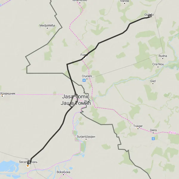 Map miniature of "Road Cycling Route: Sečanj-Foeni-Giulvăz-Jasa Tomic" cycling inspiration in Autonomous Province of Vojvodina, Serbia. Generated by Tarmacs.app cycling route planner