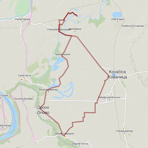 Map miniature of "Riverside Adventure" cycling inspiration in Autonomous Province of Vojvodina, Serbia. Generated by Tarmacs.app cycling route planner