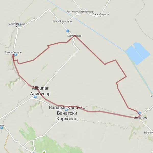 Map miniature of "Scenic Uljma and Alibunar Gravel Ride" cycling inspiration in Autonomous Province of Vojvodina, Serbia. Generated by Tarmacs.app cycling route planner