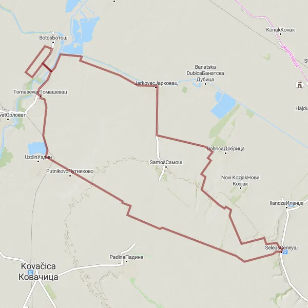 Map miniature of "Tomasevac and Jarkovac Gravel Challenge" cycling inspiration in Autonomous Province of Vojvodina, Serbia. Generated by Tarmacs.app cycling route planner