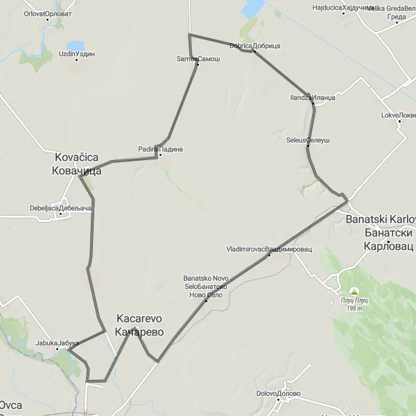 Map miniature of "Discover Vladimirovac and Ilandza Road Adventure" cycling inspiration in Autonomous Province of Vojvodina, Serbia. Generated by Tarmacs.app cycling route planner