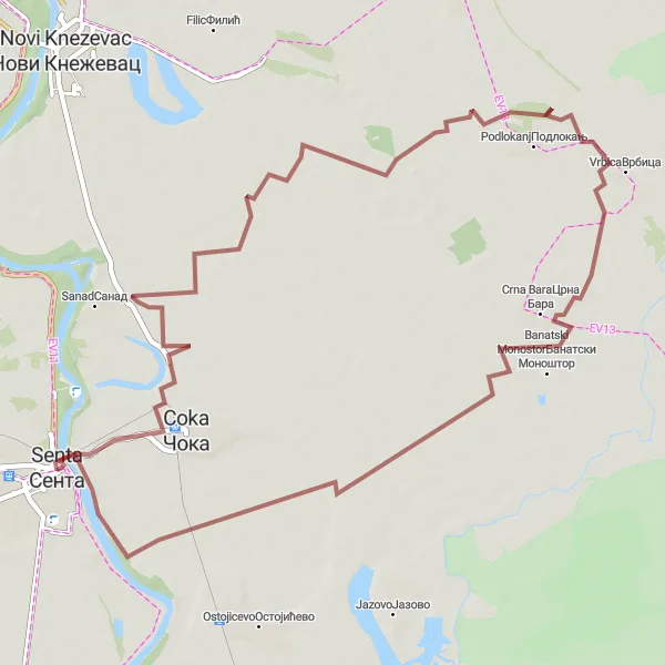 Map miniature of "Coka and Podlokanj Gravel Cycling Route" cycling inspiration in Autonomous Province of Vojvodina, Serbia. Generated by Tarmacs.app cycling route planner