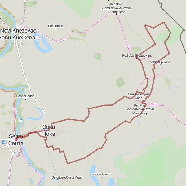 Map miniature of "Vrbica and Podlokanj Gravel Cycling Route" cycling inspiration in Autonomous Province of Vojvodina, Serbia. Generated by Tarmacs.app cycling route planner