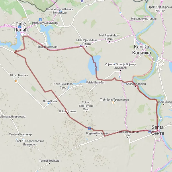 Map miniature of "Hidden Paths and Discoveries" cycling inspiration in Autonomous Province of Vojvodina, Serbia. Generated by Tarmacs.app cycling route planner