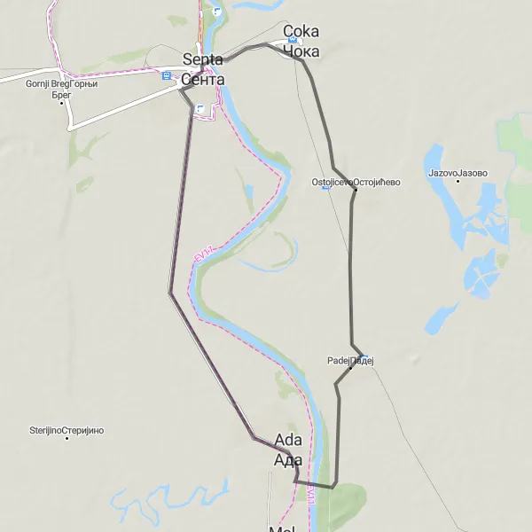 Map miniature of "Riverside Exploration" cycling inspiration in Autonomous Province of Vojvodina, Serbia. Generated by Tarmacs.app cycling route planner