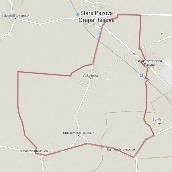 Map miniature of "Šimanovci - Stara Pazova - Nova Pazova - Ugrinovci Round-Trip" cycling inspiration in Autonomous Province of Vojvodina, Serbia. Generated by Tarmacs.app cycling route planner