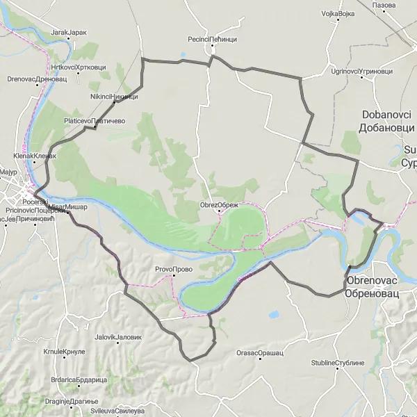 Map miniature of "Šimanovci - Petrovcic - Boljevci - Skela - Beljin - Suvo Selo - Orid - Platicevo - Budjanovci - Prhovo Round-Trip" cycling inspiration in Autonomous Province of Vojvodina, Serbia. Generated by Tarmacs.app cycling route planner