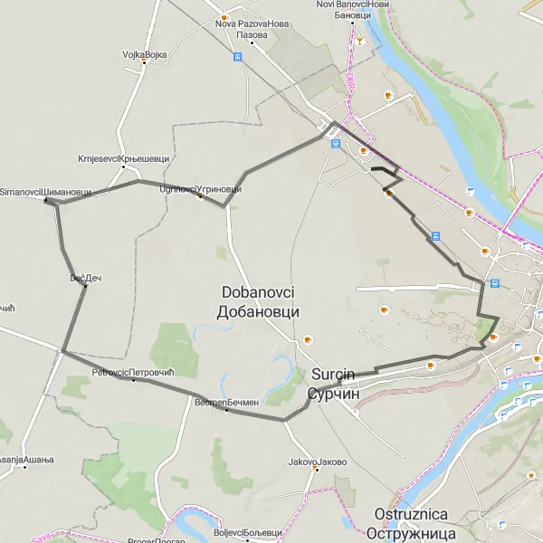 Map miniature of "Šimanovci - Ugrinovci - Batajnica - Нови Сурчин - Petrovcic - Deč Round-Trip" cycling inspiration in Autonomous Province of Vojvodina, Serbia. Generated by Tarmacs.app cycling route planner