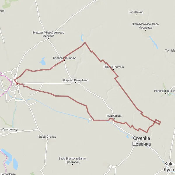 Map miniature of "Cycling Routes near Sombor - Gravel Adventure" cycling inspiration in Autonomous Province of Vojvodina, Serbia. Generated by Tarmacs.app cycling route planner
