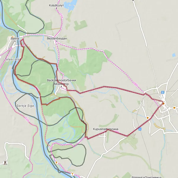 Map miniature of "Monasteries and Wetlands Gravel Ride" cycling inspiration in Autonomous Province of Vojvodina, Serbia. Generated by Tarmacs.app cycling route planner