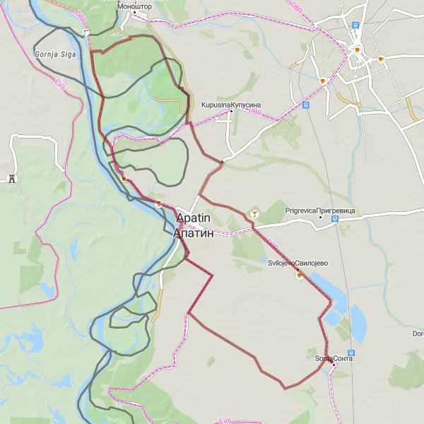Map miniature of "Apatin Escape" cycling inspiration in Autonomous Province of Vojvodina, Serbia. Generated by Tarmacs.app cycling route planner