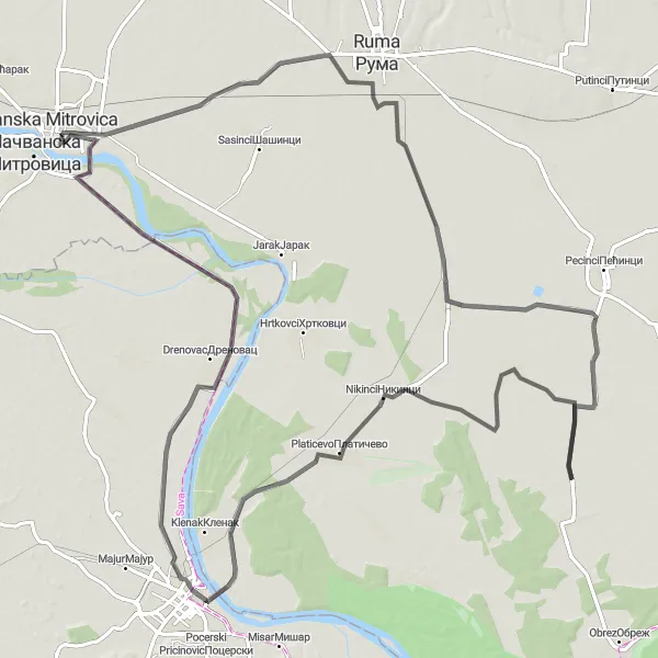 Map miniature of "Voganj - Sremska Mitrovica Loop" cycling inspiration in Autonomous Province of Vojvodina, Serbia. Generated by Tarmacs.app cycling route planner